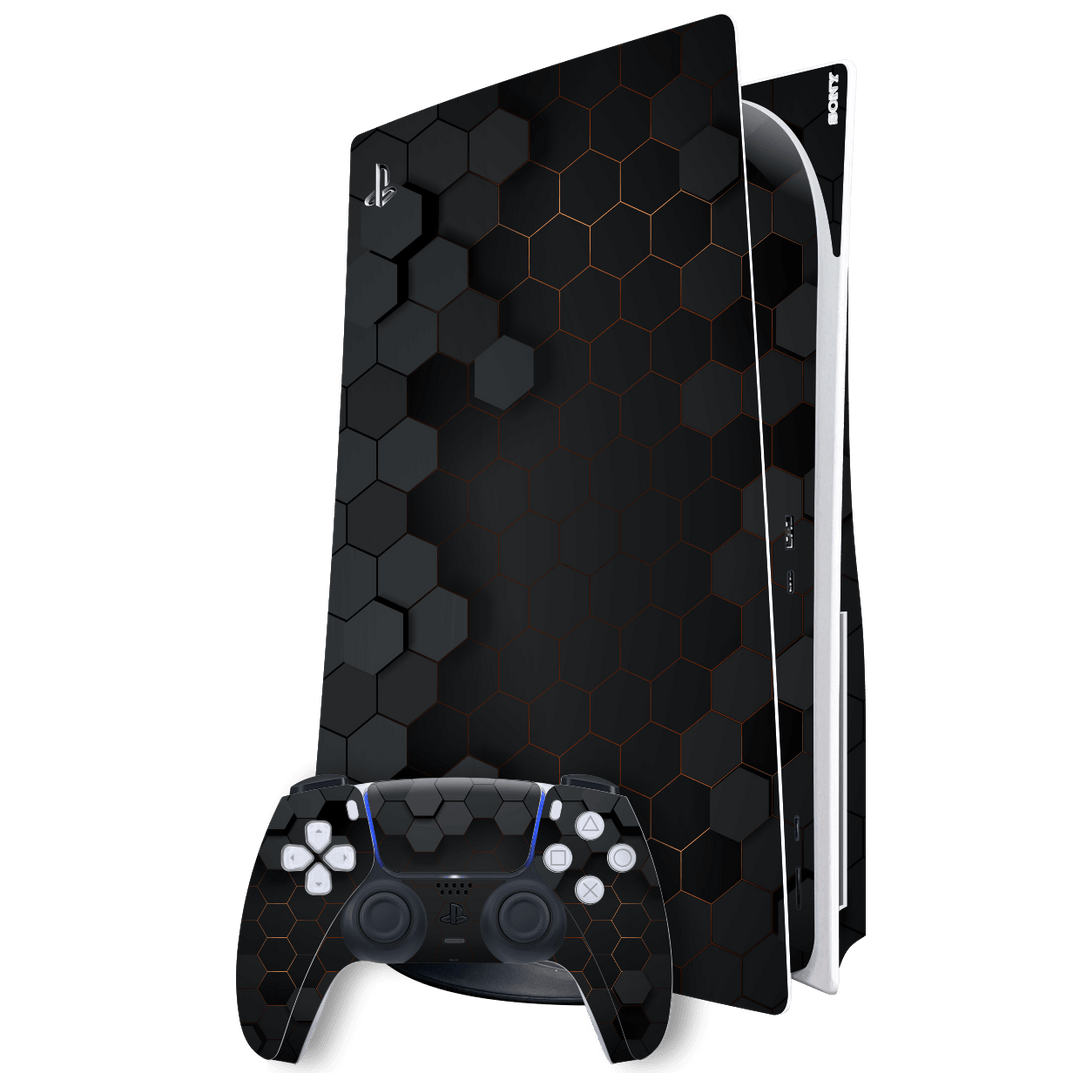 Playstation 5 (PS5) DISC Edition SIGNATURE Black-Gold Hexagon Skin Wrap Sticker Decal Cover Protector by EasySkinz | EasySkinz.com